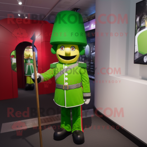 Lime Green British Royal Guard mascot costume character dressed with a Long Sleeve Tee and Hats