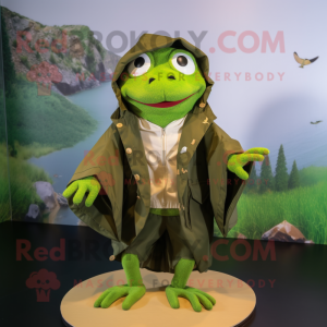 Olive Frog mascot costume character dressed with a Raincoat and Shawls