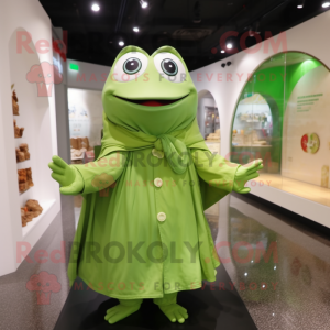 Olive Frog mascot costume character dressed with a Raincoat and Shawls