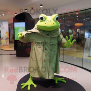 Olive Frog mascot costume character dressed with a Raincoat and Shawls