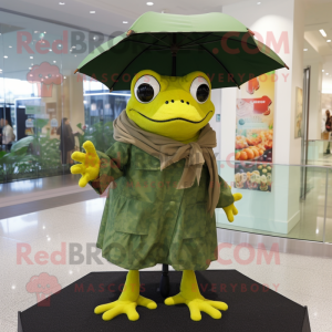 Olive Frog mascot costume character dressed with a Raincoat and Shawls