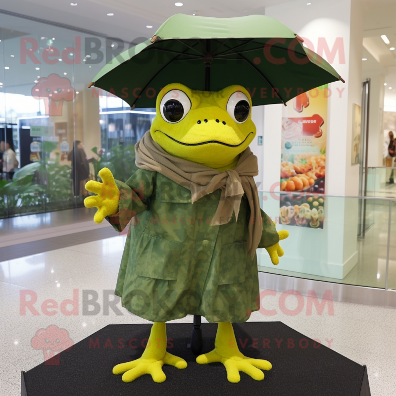 Olive Frog mascot costume character dressed with a Raincoat and Shawls Olive Frog mascot costume character dressed with a Raincoat and Shawls