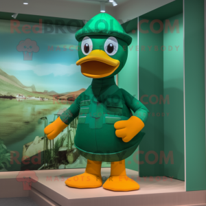 Forest Green Duck mascot costume character dressed with a Swimwear and Suspenders