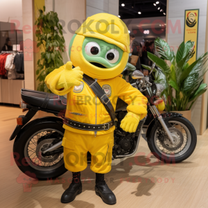 Lemon Yellow Pesto Pasta mascot costume character dressed with a Moto Jacket and Berets