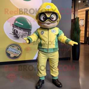 Lemon Yellow Pesto Pasta mascot costume character dressed with a Moto Jacket and Berets