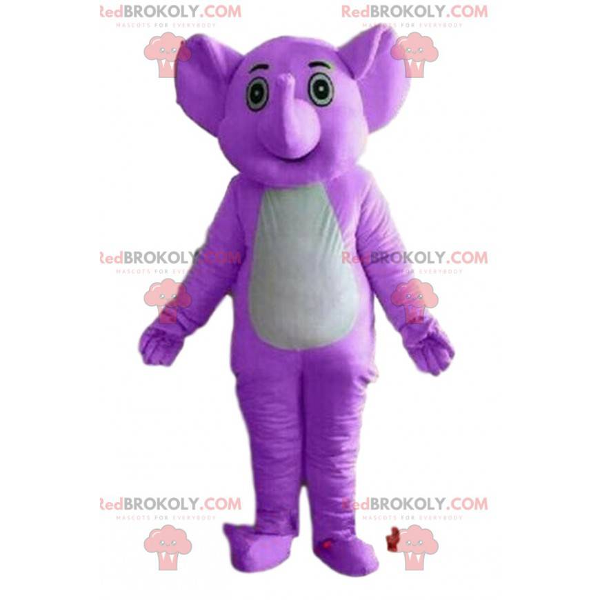 Mascote elefante roxo, fantasia de paquiderme, animal roxo -