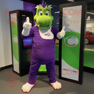 Purple Crocodile mascot costume character dressed with a Joggers and Digital watches