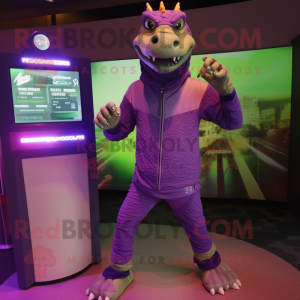 Purple Crocodile mascot costume character dressed with a Joggers and Digital watches