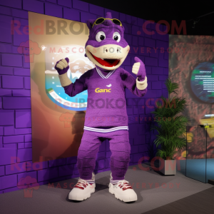 Purple Crocodile mascot costume character dressed with a Joggers and Digital watches