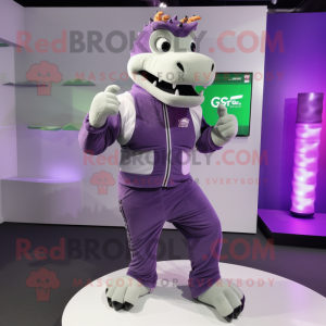 Purple Crocodile mascot costume character dressed with a Joggers and Digital watches