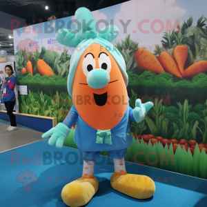 Cyan Carrot mascot costume character dressed with a Flannel Shirt and Shoe laces