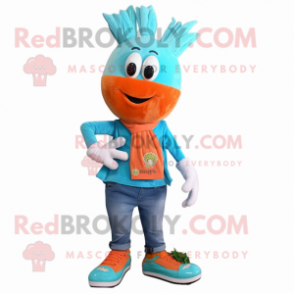 Cyan Carrot mascot costume character dressed with a Flannel Shirt and Shoe laces