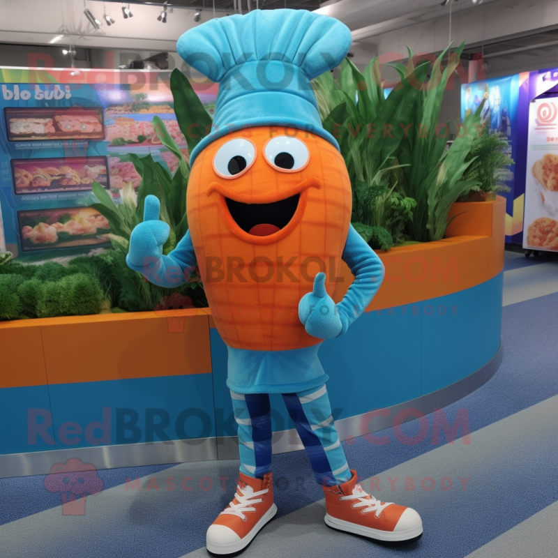 Cyan Carrot mascot costume character dressed with a Flannel Shirt and Shoe laces