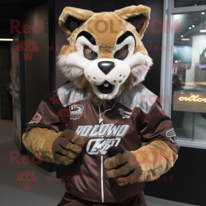 Brown Lynx mascot costume character dressed with a Moto Jacket and Caps