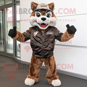 Brown Lynx mascot costume character dressed with a Moto Jacket and Caps