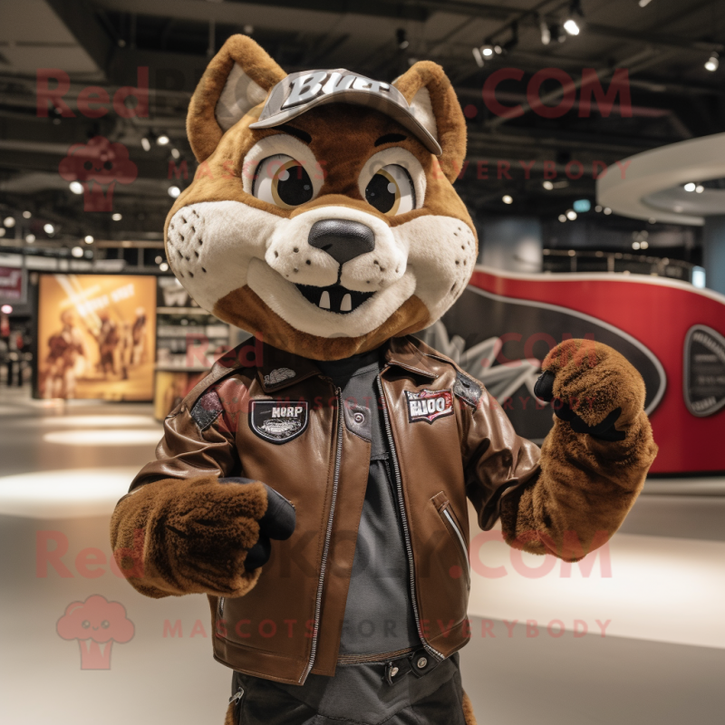 Brown Lynx mascot costume character dressed with a Moto Jacket and Caps Brown Lynx mascot costume character dressed with a Moto Jacket and Caps
