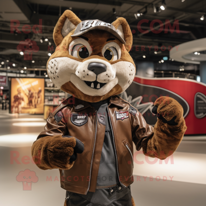 Brown Lynx mascot costume character dressed with a Moto Jacket and Caps