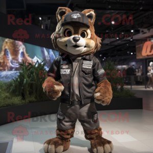 Brown Lynx mascot costume character dressed with a Moto Jacket and Caps