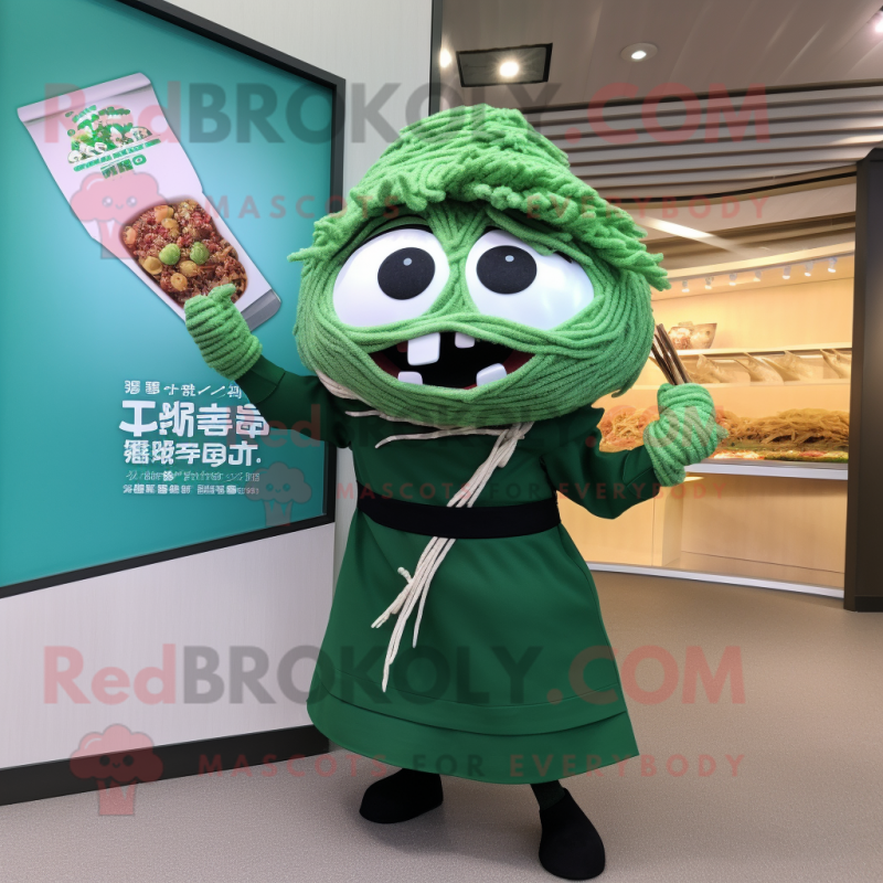 Forest Green Ramen mascot costume character dressed with a A-Line Skirt and Shawl pins