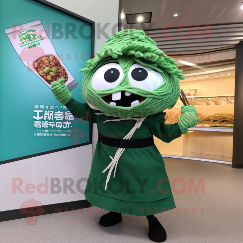 Forest Green Ramen mascot costume character dressed with a A-Line Skirt and Shawl pins Forest Green Ramen mascot costume character dressed with a A-Line Skirt and Shawl pins
