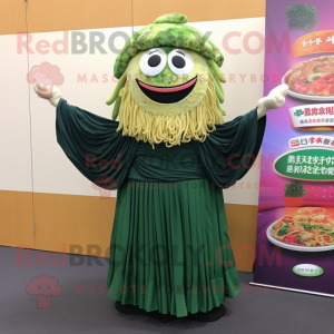 Forest Green Ramen mascot costume character dressed with a A-Line Skirt and Shawl pins