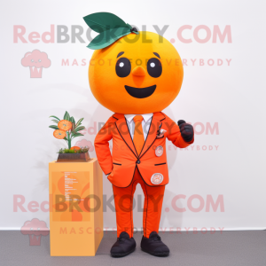 Orange Plum mascot costume character dressed with a Suit Jacket and Pocket squares