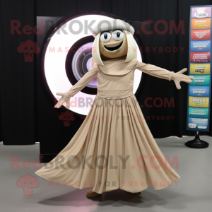 Beige Plate Spinner mascot costume character dressed with a Maxi Dress and Scarf clips