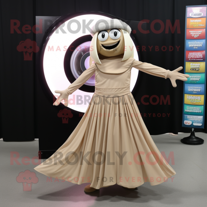 Beige Plate Spinner mascot costume character dressed with a Maxi Dress and Scarf clips Beige Plate Spinner mascot costume character dressed with a Maxi Dress and Scarf clips