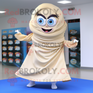 Beige Plate Spinner mascot costume character dressed with a Maxi Dress and Scarf clips