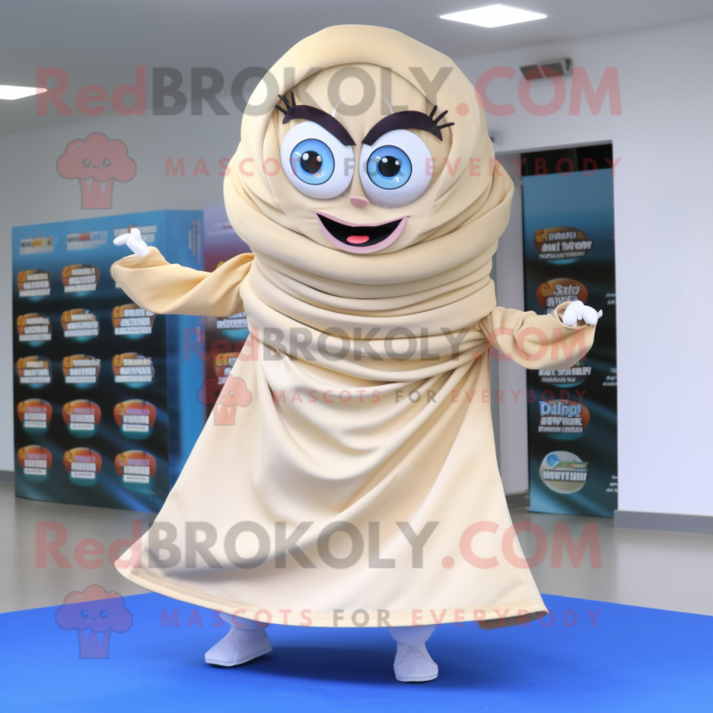 Beige Plate Spinner mascot costume character dressed with a Maxi Dress and Scarf clips Beige Plate Spinner mascot costume character dressed with a Maxi Dress and Scarf clips