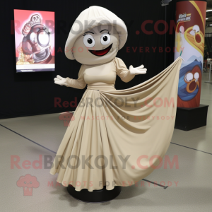 Beige Plate Spinner mascot costume character dressed with a Maxi Dress and Scarf clips