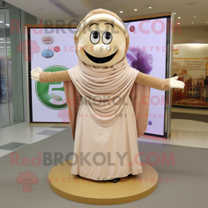 Beige Plate Spinner mascot costume character dressed with a Maxi Dress and Scarf clips