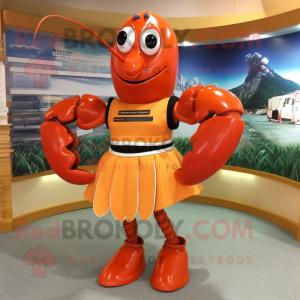 Orange Lobster Bisque mascot costume character dressed with a Mini Skirt and Belts