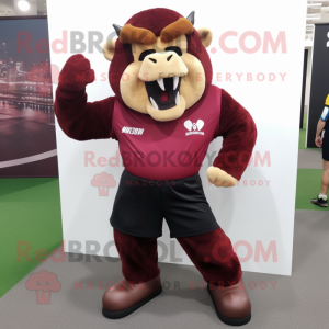 Maroon Bison mascot costume character dressed with a Polo Shirt and Clutch bags