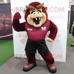 Maroon Bison mascot costume character dressed with a Polo Shirt and Clutch bags