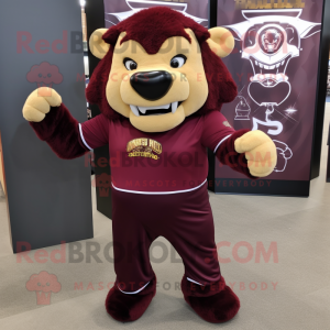Maroon Bison mascot costume character dressed with a Polo Shirt and Clutch bags