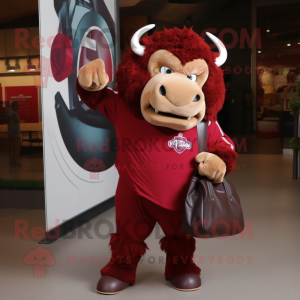 Maroon Bison mascot costume character dressed with a Polo Shirt and Clutch bags