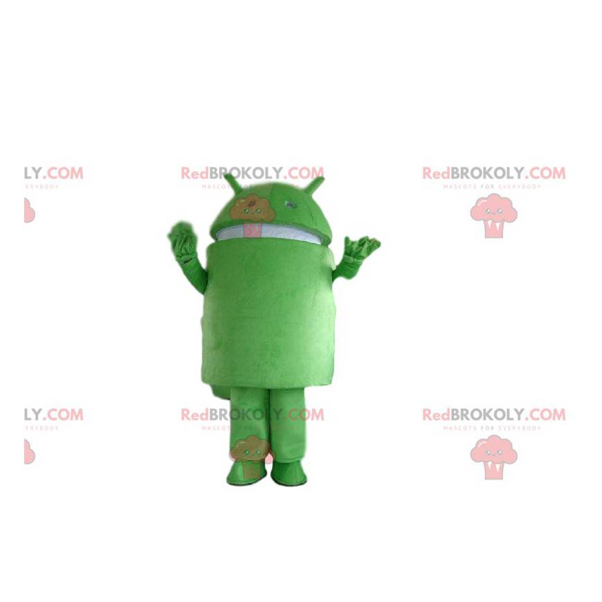 Android mascot, green robot costume, mobile phone disguise -