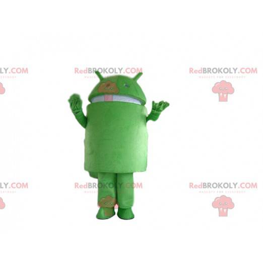 Mascote Android, fantasia de robô verde, disfarce de celular -