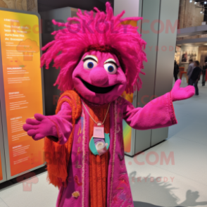 Magenta Tikka Masala mascot costume character dressed with a Cardigan and Hairpins