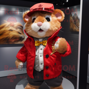 Red Hamster mascot costume character dressed with a Leather Jacket and Hats