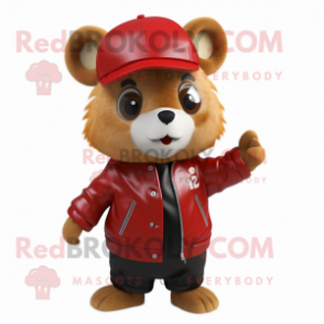 Red Hamster mascot costume character dressed with a Leather Jacket and Hats