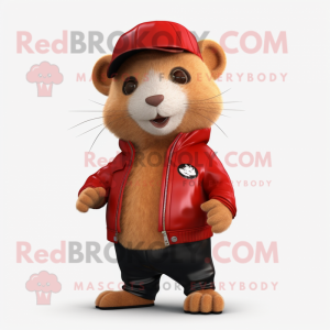 Red Hamster mascot costume character dressed with a Leather Jacket and Hats