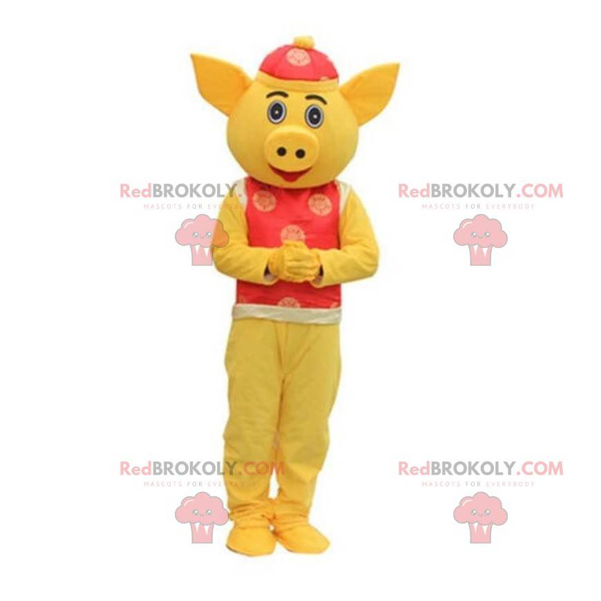 Mascota de cerdo, traje asiático, animal amarillo asiático -