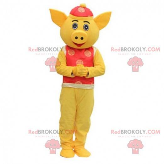 Mascote porco, traje asiático, animal amarelo asiático -