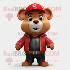 Red Hamster mascot costume character dressed with a Leather Jacket and Hats