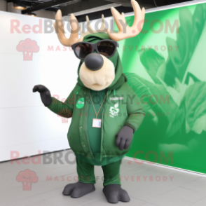 Green Elk mascot costume character dressed with a Coat and Sunglasses