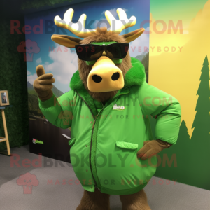 Green Elk mascot costume character dressed with a Coat and Sunglasses