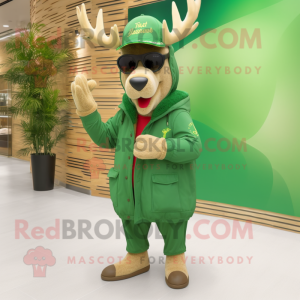 Green Elk mascot costume character dressed with a Coat and Sunglasses