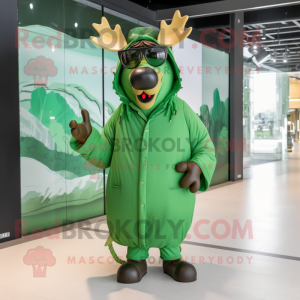 Green Elk mascot costume character dressed with a Coat and Sunglasses